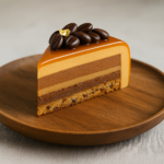 (Multi-Layer Mousse Cake with Hazelnut Sablé, Chocolate Ganache, Caramel Mousse & Espresso Caramel Glaze)