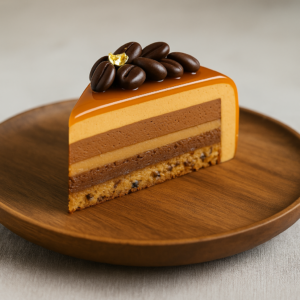 (Multi-Layer Mousse Cake with Hazelnut Sablé, Chocolate Ganache, Caramel Mousse & Espresso Caramel Glaze)