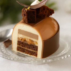 With Cocoa Sablé, Tonka Sacher Biscuit, Vanilla Peanut Caramel, Milk Chocolate Crémeux & Zéphyr Caramel Mousse